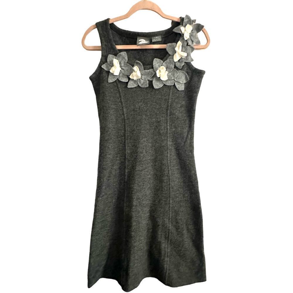 Girls From Savoy ANTHROPOLOGIE Gray Merino Wool Floral Embellished Dress - Sz XS